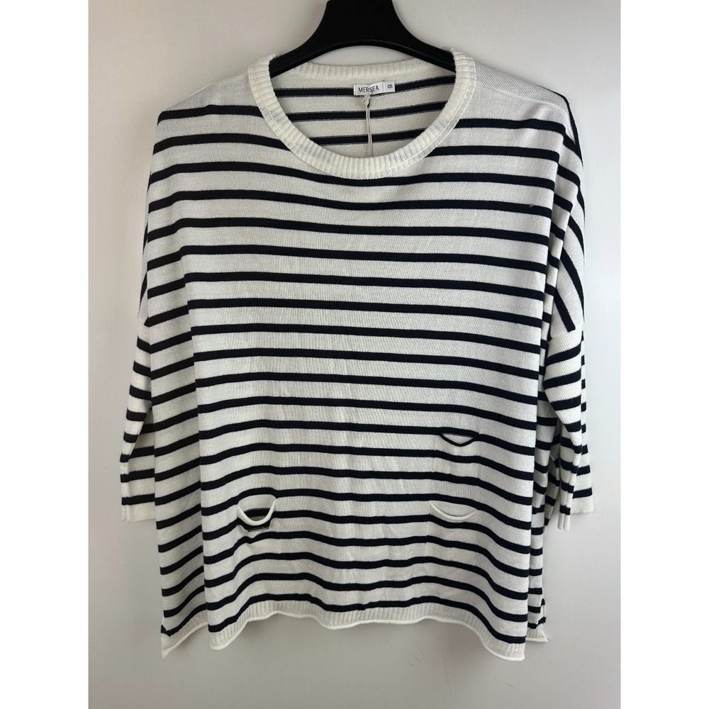 NWT MER SEA OS Catalina Traveler Sweater Side Slits Navy Stripe Boxy Mersea - Picture 2 of 14